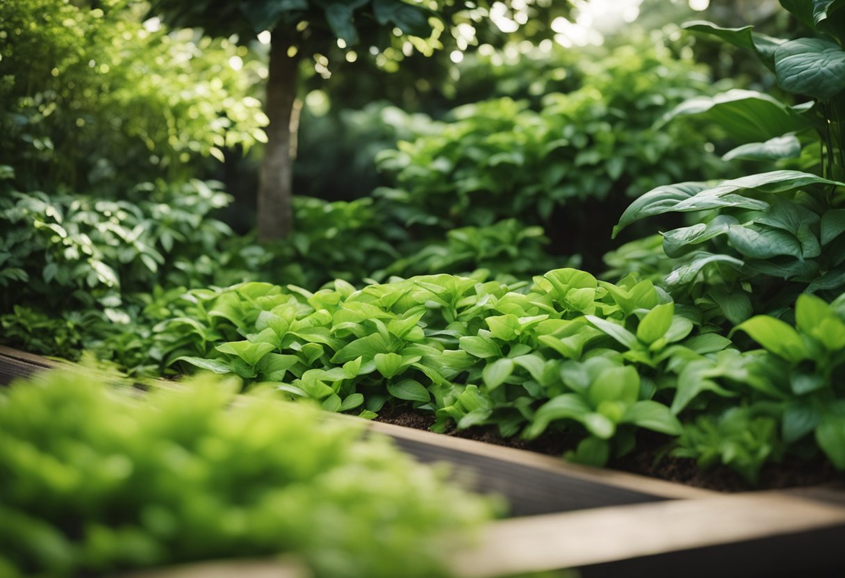 Lush green foliage of shade-loving plants cascading over a garden bed, creating a tranquil and inviting atmosphere in a shaded outdoor area