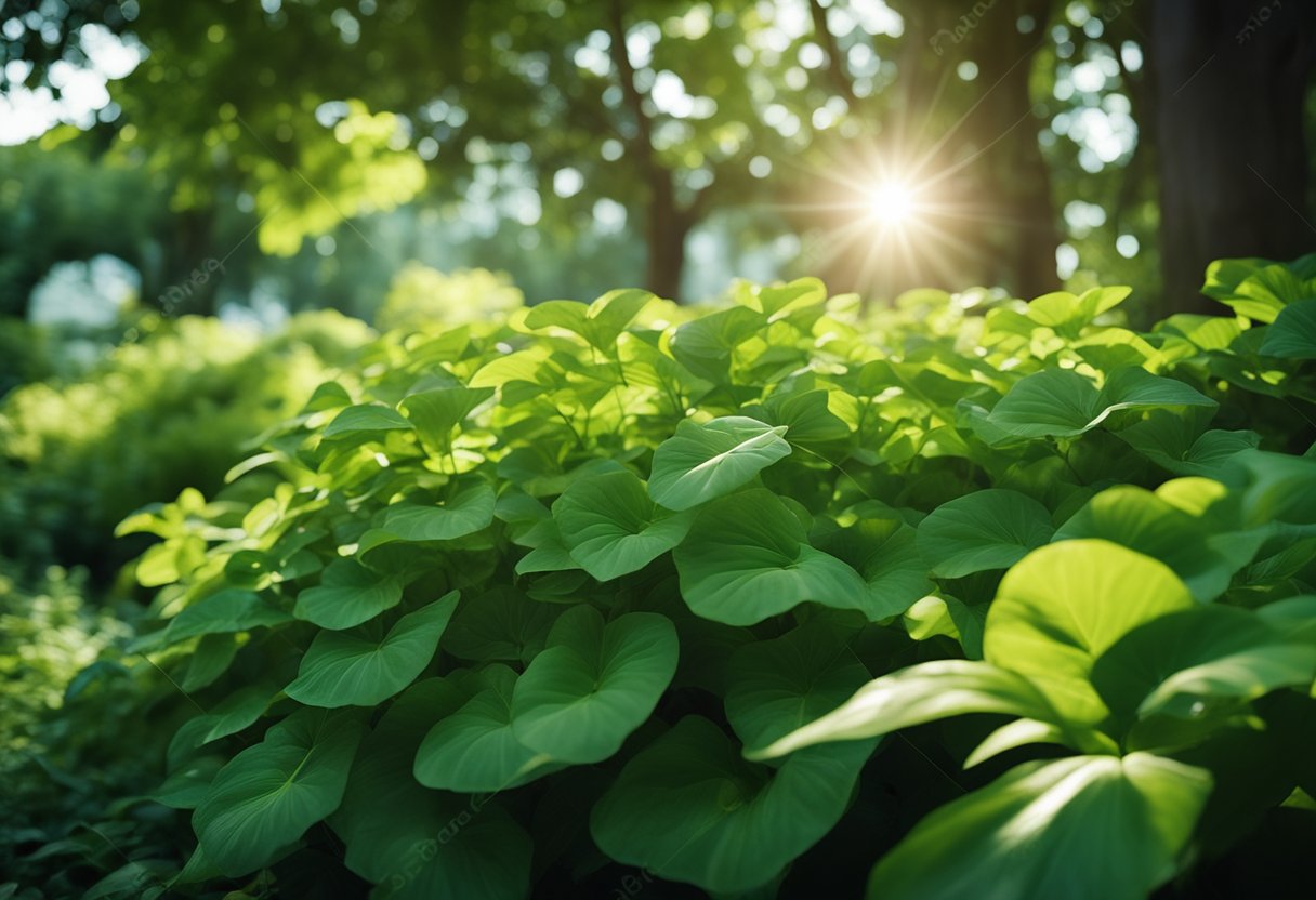 Lush green foliage of shade-loving plants cascading over a garden bed, with dappled sunlight filtering through the tree canopy above