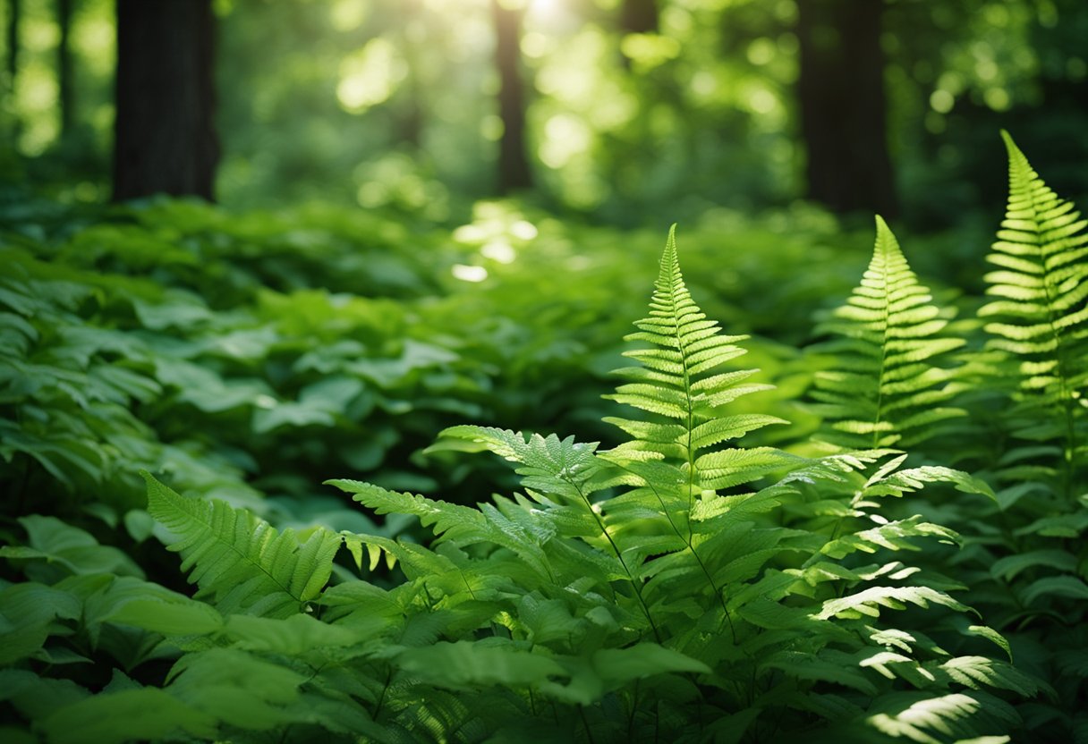 Lush green ferns and delicate hostas thrive under the dappled sunlight filtering through the trees in a tranquil shade garden. Wildflowers and moss add pops of color to the peaceful, cool landscape